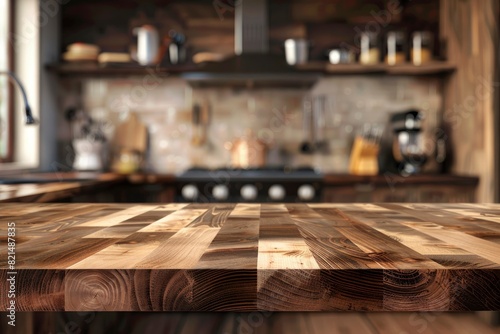 Wooden table top view for product montage over blurred kitchen interior background - generative ai