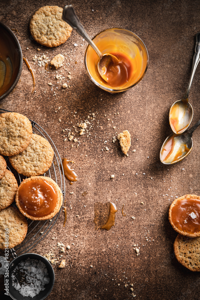 Caramel cookies with sea salt and spoons Caramel cookies with sea salt and spoons