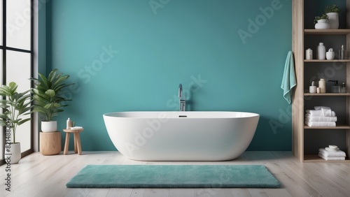 Bathroom interior concept  Brights on wooden shelf and Cool Gray bathtub with Turquoise wall