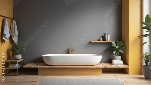 minamalist Bathroom interior concept  Nickel Gray basin on wooden shelf and white bathtub