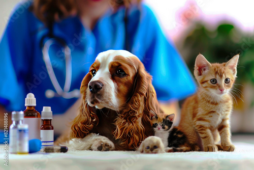A female pet Matthews, A Cocker Spaniel dog and an orange kitten sitting on the table in front of them at the friday with their owner who is wearing blue scrubs uniform photo