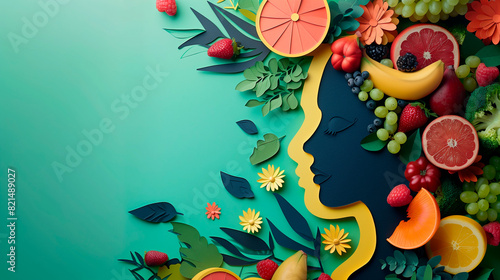 A face surrounded by fresh  colorful fruits and vegetables  emphasizing the importance of a nutritious diet for overall well being green background