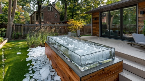 Backyard cold plunge tank in residential backyard