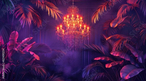 Regal Tropical Leaves Basking in the Opulence of Palace Chandelier Light