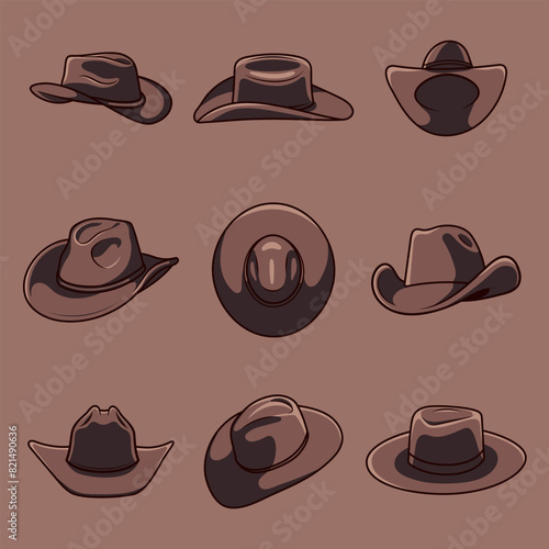Set Simple Cartoon Flat Cowboy Hat Vector Design Element Collection. Editable Line. Adjustable Stroke Width.