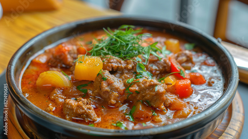 traditional hungarian gulash suop gulyásleves in a ceramic pot