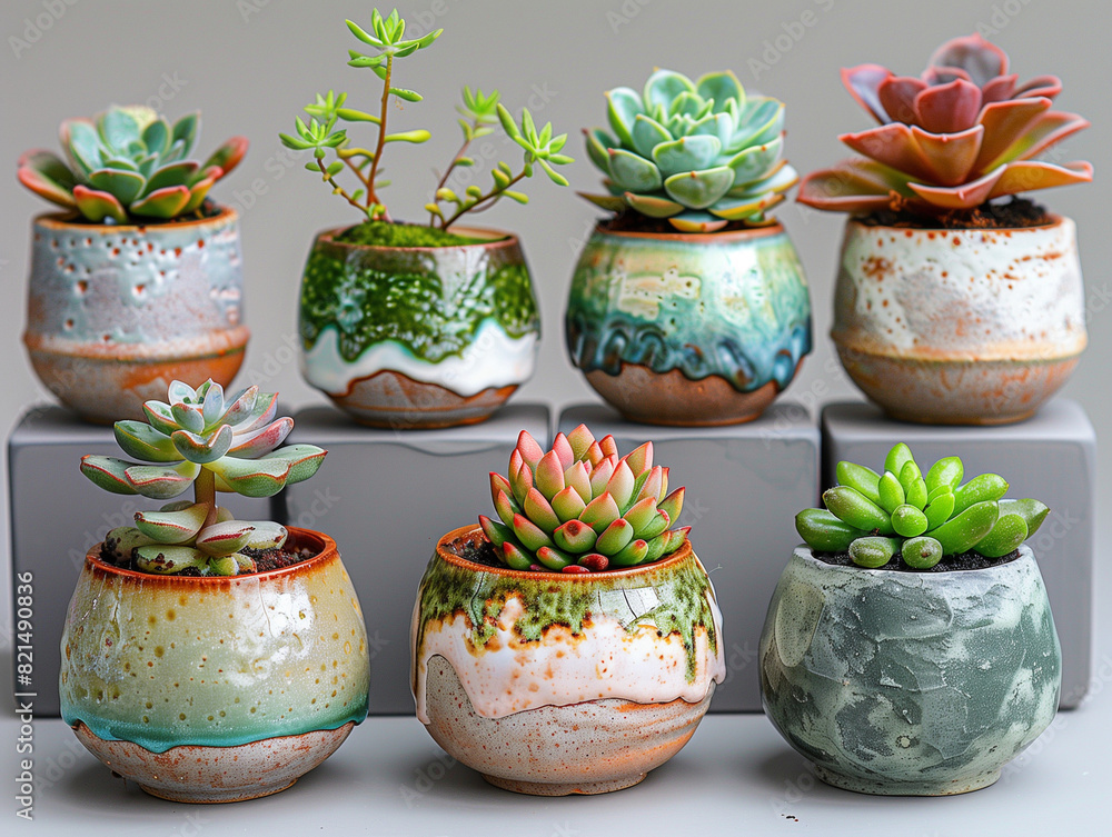 mixed succulents in pretty ceramic pots in front of a clean concrete surface mixed succulents in pretty ceramic pots in front of a clean concrete surface