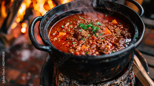  traditional hungarian gulash suop gulyásleves in an iron pot