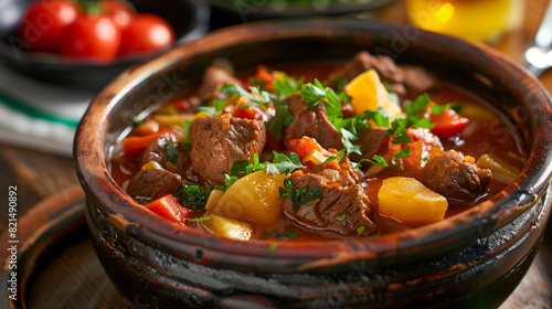 traditional hungarian gulash suop gulyásleves in a ceramic pot