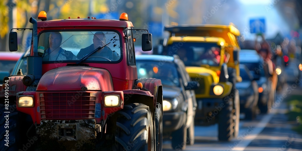 Farmers protesting tax increases and legal changes causing urban traffic congestion. Concept Protests, Tax Increases, Legal Changes, Urban Traffic Congestion, Farmers