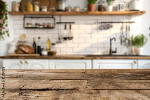 Wooden table top view for product montage over blurred kitchen interior background - generative ai