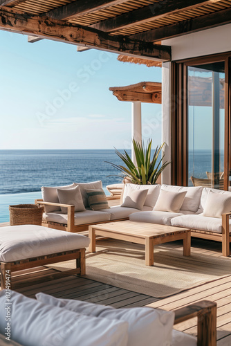 Wooden patio about Mediterranean style house with outdoor furniture and sea view