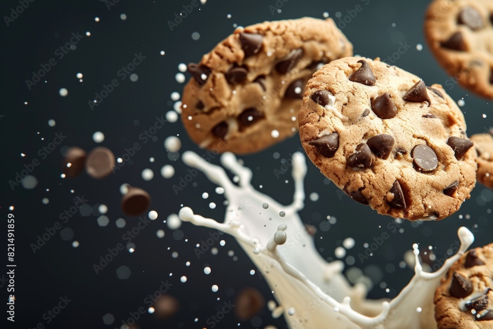 Chocolate chip cookies falling in milk water for snack concept. Chocolate chip cookies falling in milk water for snack concept.