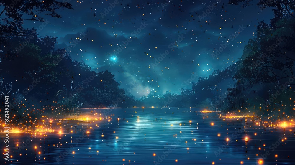 Nighttime in the Swamp with fireflies flat design top view nocturnal glow theme animation Tetradic color scheme Nighttime in the Swamp with fireflies flat design top view nocturnal glow theme animation Tetradic color scheme