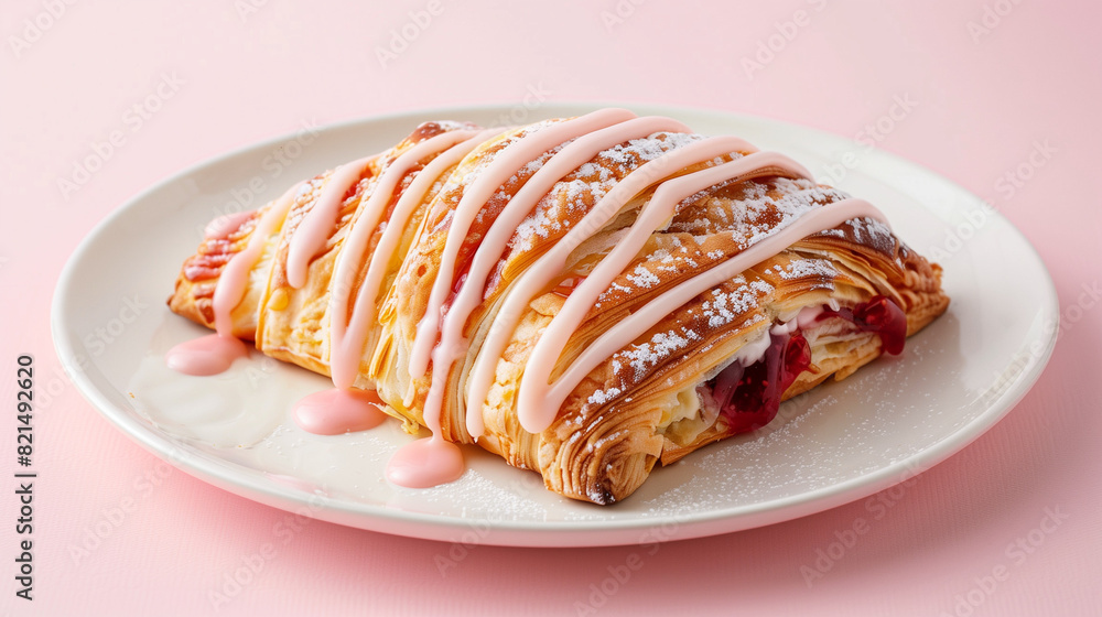 White Plate With Strawberry Cream Cheese Danish Covered in Icing White Plate With Strawberry Cream Cheese Danish Covered in Icing