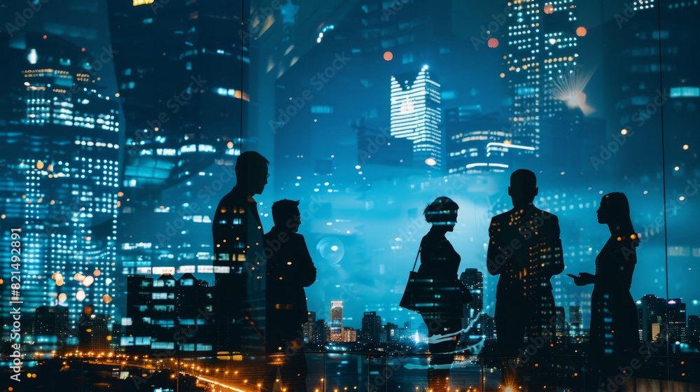 Double exposure image of many business people conference group meeting on city office building in background showing partnership success of business deal. Concept of teamwork Double exposure image of many business people conference group meeting on city office building in background showing partnership success of business deal. Concept of teamwork