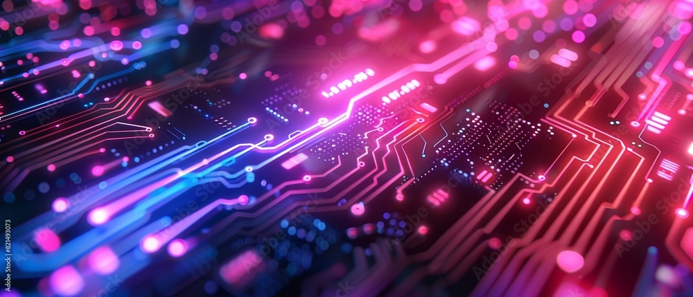 Fototapeta premium Abstract technology background with glowing lines and circuits, blurred gradient backdrop, neon blue and purple