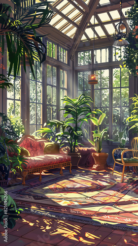 Concept Art of Sunlit conservatory with lush plants and a comfortable seating arrangement,Pixel art scenes