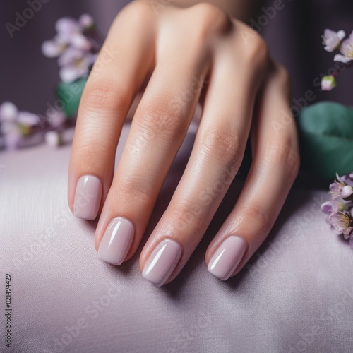 Closeup shot of a hand with a pink manicure on a purple background with lilac flowers