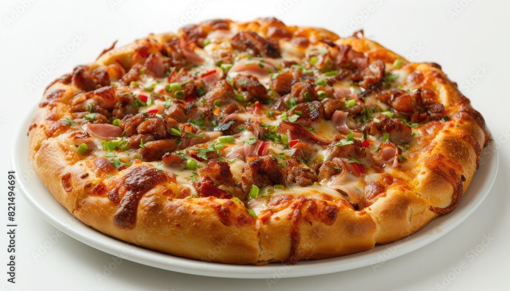 Pizza with melted mozzarella cheese topped with pieces of chicken, green peppers, sausage and red onions, topped with special sauce and seasonings served on crispy soft dough