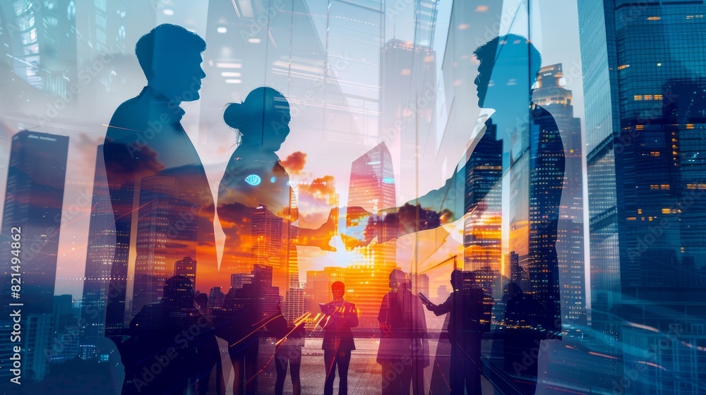 Double exposure image of many business people conference group meeting on city office building in background showing partnership success of business deal. Concept of teamwork Double exposure image of many business people conference group meeting on city office building in background showing partnership success of business deal. Concept of teamwork