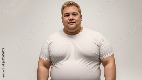 Fat man in T-shirt on light background
