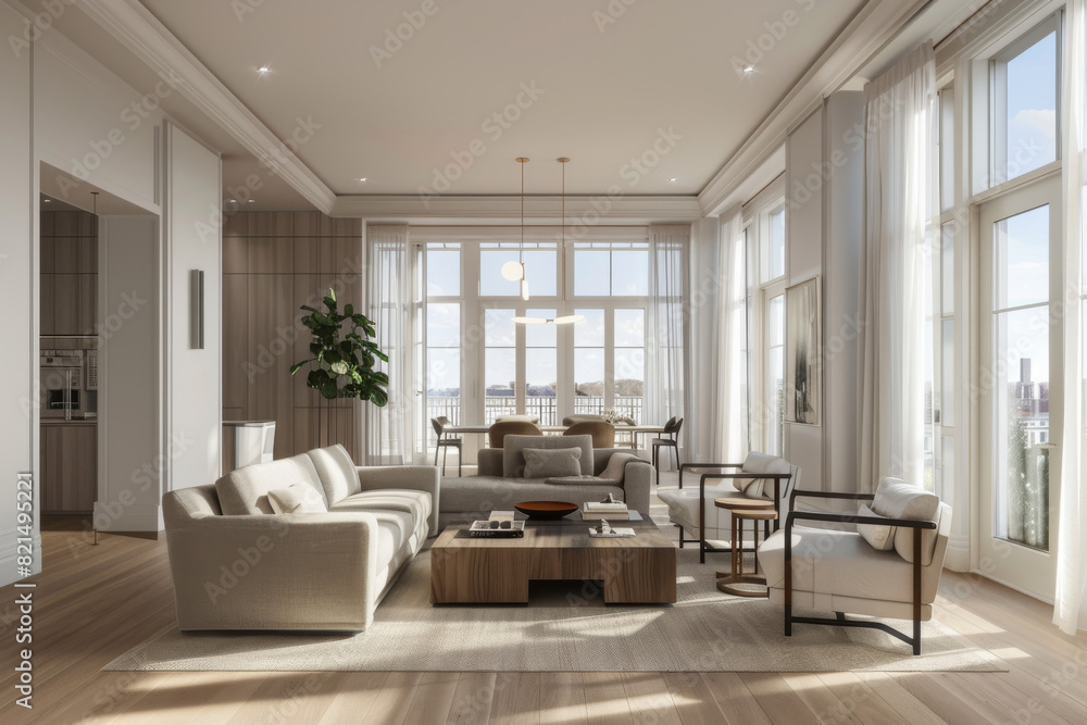 3D render of Spacious living room with modern decor and large windows letting in natural light,Watercolor landscapes 3D render of Spacious living room with modern decor and large windows letting in natural light,Watercolor landscapes