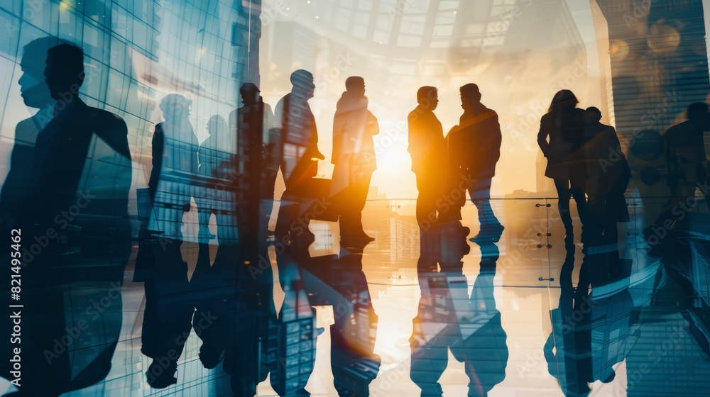 Double exposure image of many business people conference group meeting on city office building in background showing partnership success of business deal. Concept of teamwork Double exposure image of many business people conference group meeting on city office building in background showing partnership success of business deal. Concept of teamwork