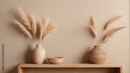 Interior wall mockup in minimalist Japandi style with wooden console,on empty warm Khaki background