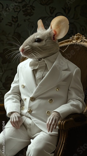 Rat humanoid sitting on chair, adorned in white coat, evokes surreal charm. Perfect for lovers of whimsical, thought-provoking art. 🐀🪑 #SurrealArt #WhimsicalCharm photo