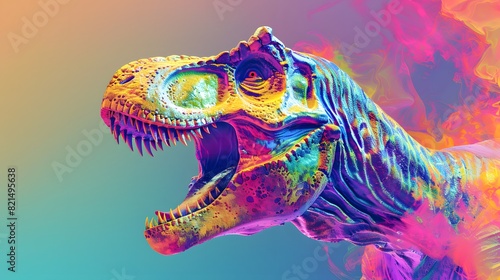 Abstract of Tyrannosaurus rex or T-rex dinosaur portrait in Cretaceous period with multi colored colorful isolated on clean png background  Vibrant bright  with Generative AI.