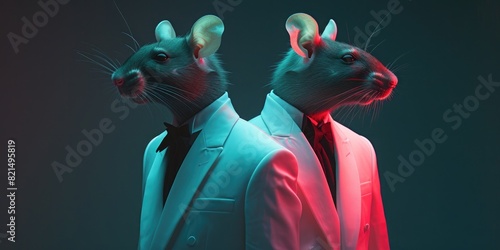 Two humanoid mice in white coats amid a red ambiance, surreal charm at its finest. Ideal for art lovers embracing whimsy and imagination. 🐭🧥🔴 #SurrealArt #WhimsicalCharm photo