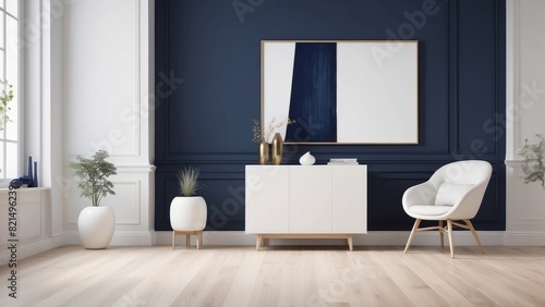 modern living interior  Navy Blue room  Antique White lounge chair  and white sideboard