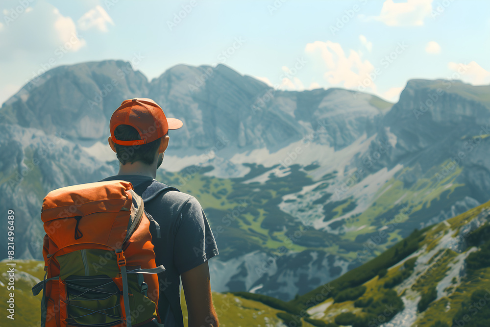 A young man looks at the big mountain he is about to climb with determination and courage, inspiring an adventurous spirit.