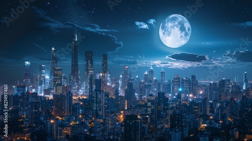Wallpaper Mural Futuristic Metropolis Under a Full Moon, A Vision of Urban Nighttime Splendor Torontodigital.ca