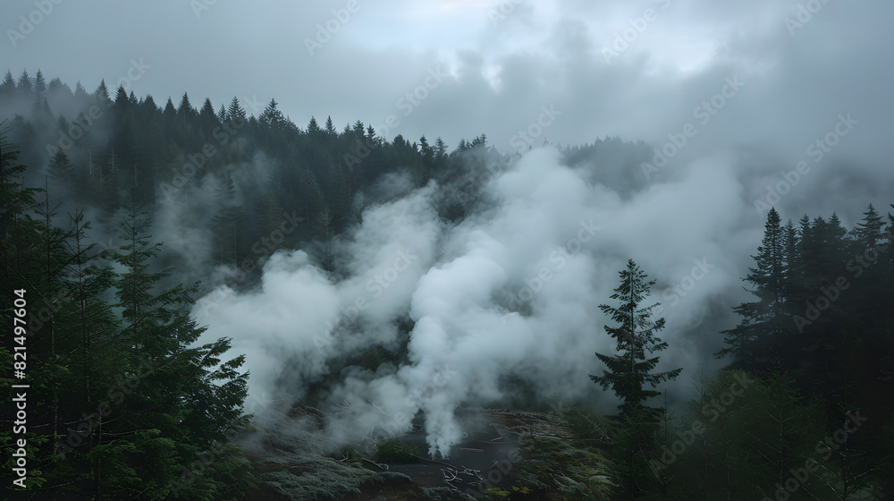 A forest with smoke rising from a volcano in the background A forest with smoke rising from a volcano in the background
