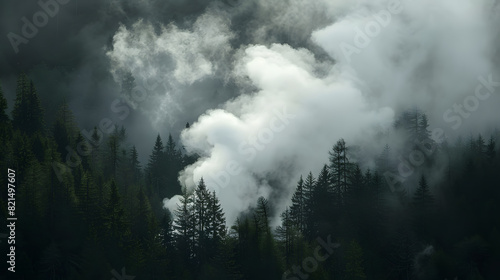 A forest with smoke rising from a volcano in the background