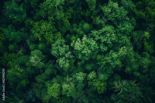 Aerial view of nature green forest and tree. Forest ecosystem, texture of green forest from above.Nature conservation concept.Natural scenery tropical green forest - generative ai © Nia™