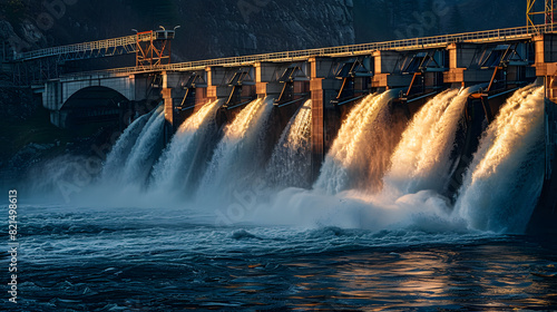 A large body of water with a bridge over it and a waterfall