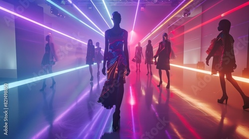 HighFashion Photoshoot in a Hitechnology Studio with Dramatic Multicolored Light Beams photo