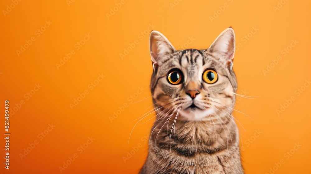 A cat with a surprised expression against an orange background is very cute A cat with a surprised expression against an orange background is very cute
