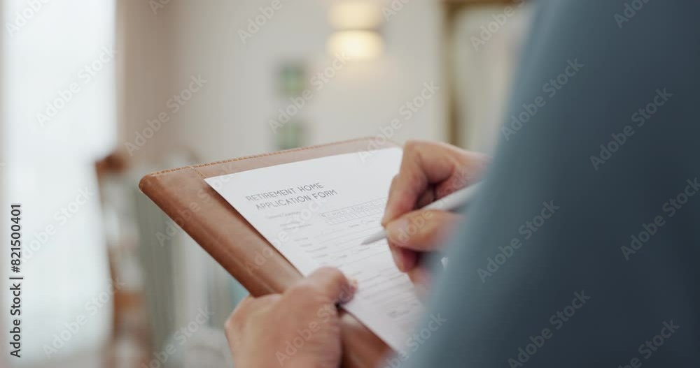 Application, hands and retirement home document with writing and checklist for agreement. Paperwork, person and registration for accommodation with information for policy and healthcare survey Application, hands and retirement home document with writing and checklist for agreement. Paperwork, person and registration for accommodation with information for policy and healthcare survey
