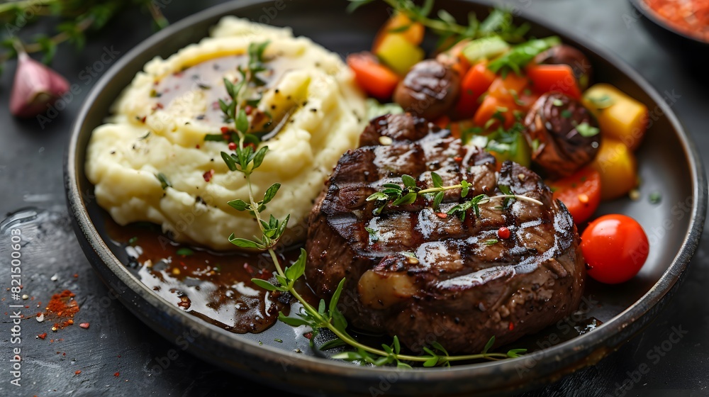 The cooked steak is centered on one side, with mashed potatoes and on the other, a mixture of vegetables garnished with sprigs of herbs. The cooked steak is centered on one side, with mashed potatoes and on the other, a mixture of vegetables garnished with sprigs of herbs.