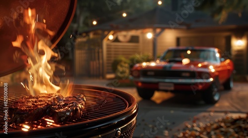 Grilling BBQ steaks outdoors in the yard with a classic American muscle car garage in the background. Fire hot smoke food grill party at night..