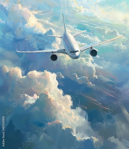 Soaring Above the Clouds, A Majestic Aerial View of a Commercial Airplane