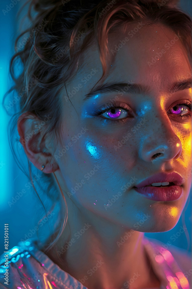 Abstract Neon Holographic Close Up Young Woman Brown Hair Glowing Purple Eyes Reflective Jacket Abstract Neon Holographic Close Up Young Woman Brown Hair Glowing Purple Eyes Reflective Jacket