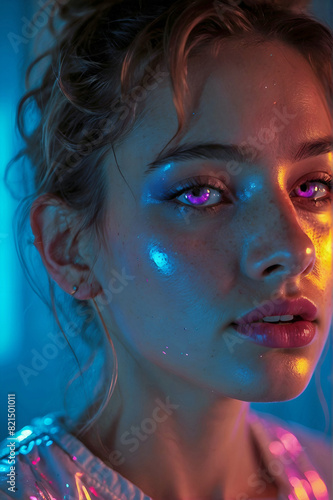 Abstract Neon Holographic Close Up Young Woman Brown Hair Glowing Purple Eyes Reflective Jacket