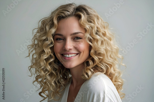 Ecstatic Young Curly Hair Blonde Woman Brown Eyes White Shirt Perfect Smile Copy Space Background