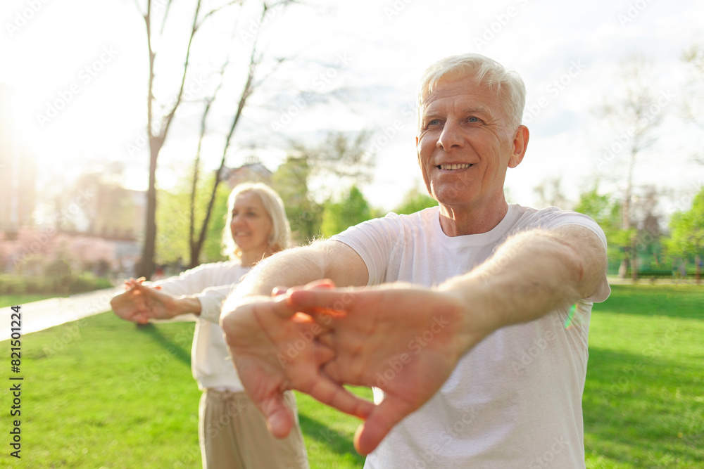 elderly couple of seniors man and woman doing exercises and training in the park outdoors, gray-haired grandparents playing sports and active lifestyle in nature elderly couple of seniors man and woman doing exercises and training in the park outdoors, gray-haired grandparents playing sports and active lifestyle in nature
