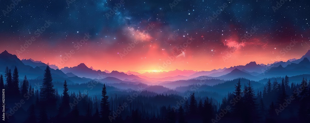Starry night above Gorge flat design top view celestial viewing theme animation Tetradic color scheme Starry night above Gorge flat design top view celestial viewing theme animation Tetradic color scheme